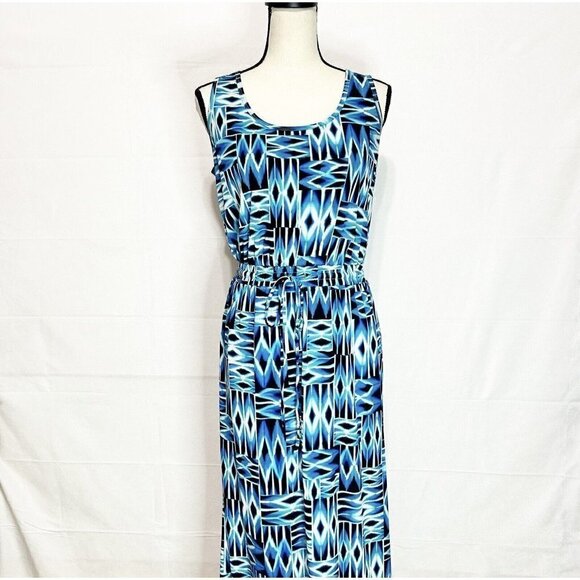 Calvin Klein Blue Print Modern Deco Maxi Dress Cinch Waist Jersey Sz 6 - Picture 1 of 8